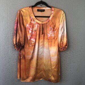 Hilton Hollis Blouse Womens 10 Orange Floral Silk Watercolor Keyhole Tunic Ombre
